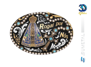 Fivela Country Nossa Senhora Com Strass Azul Preta G - Frente