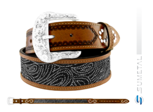 Cinto Country Tecido Floral Preto Caramelo Destacado Com Strass e Fivela Comum CT196